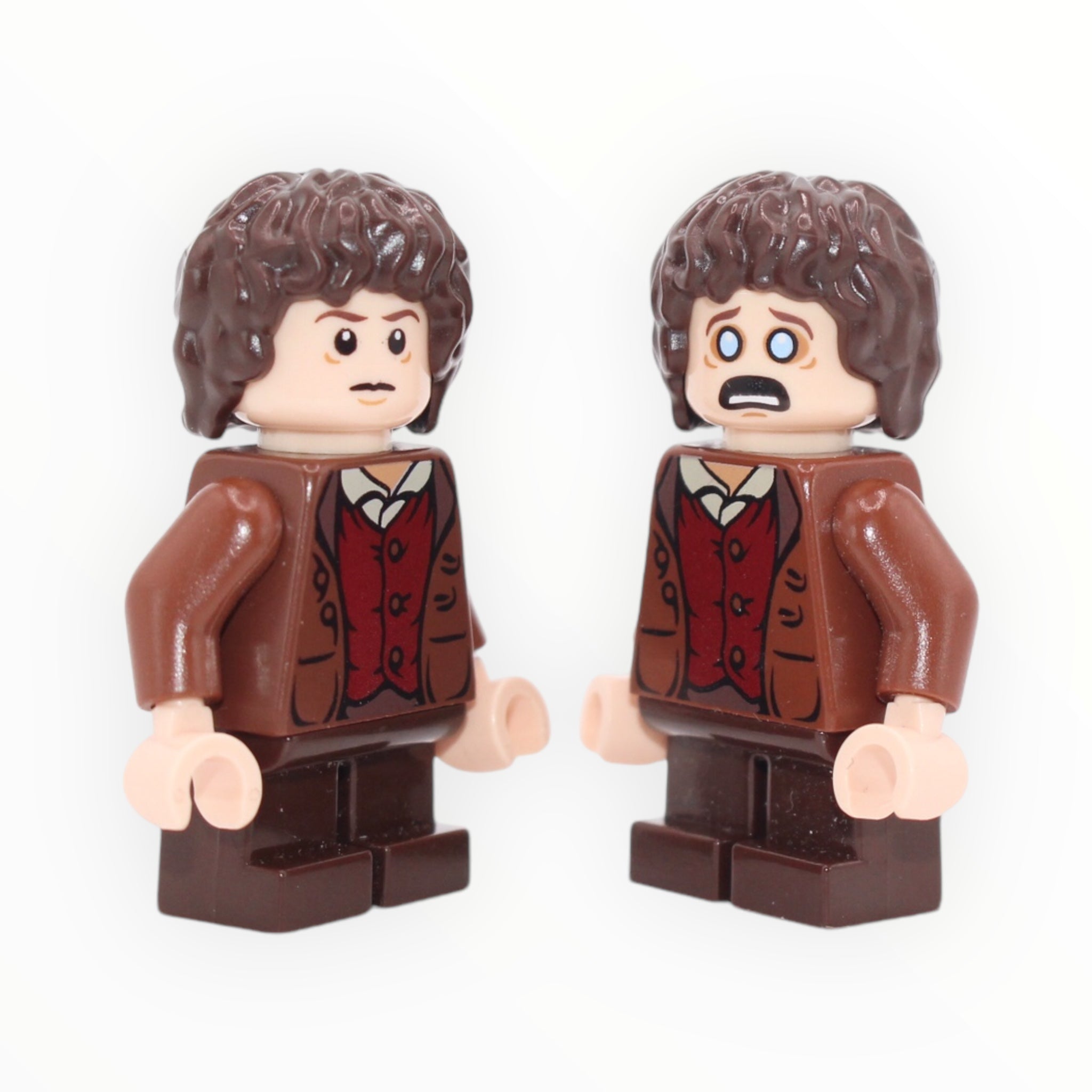 Frodo Baggins (reddish brown jacket, dark brown short legs, tired / poisoned)