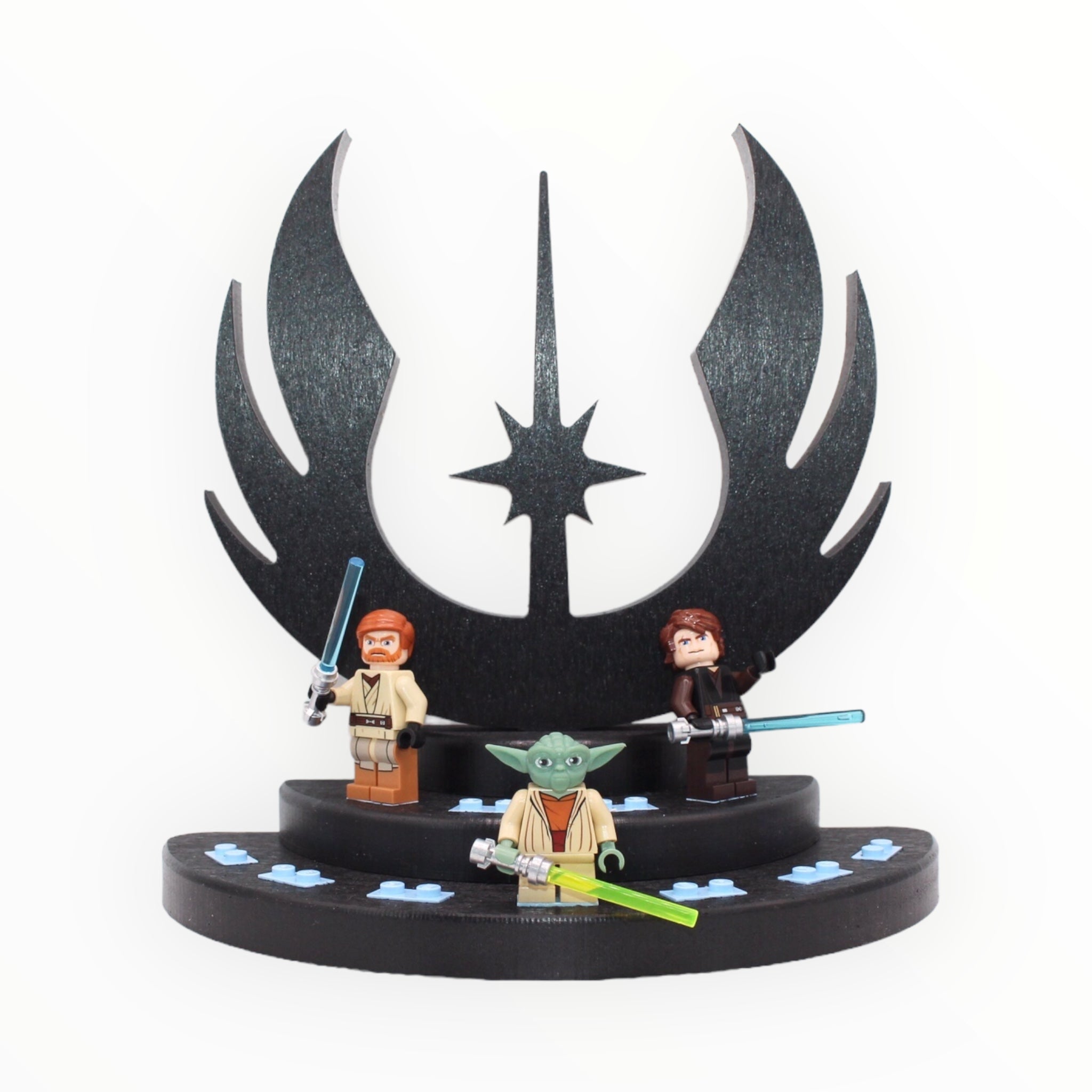 Star Wars Jedi-Themed Minifigure Display Stand (black symbol, blue studs)