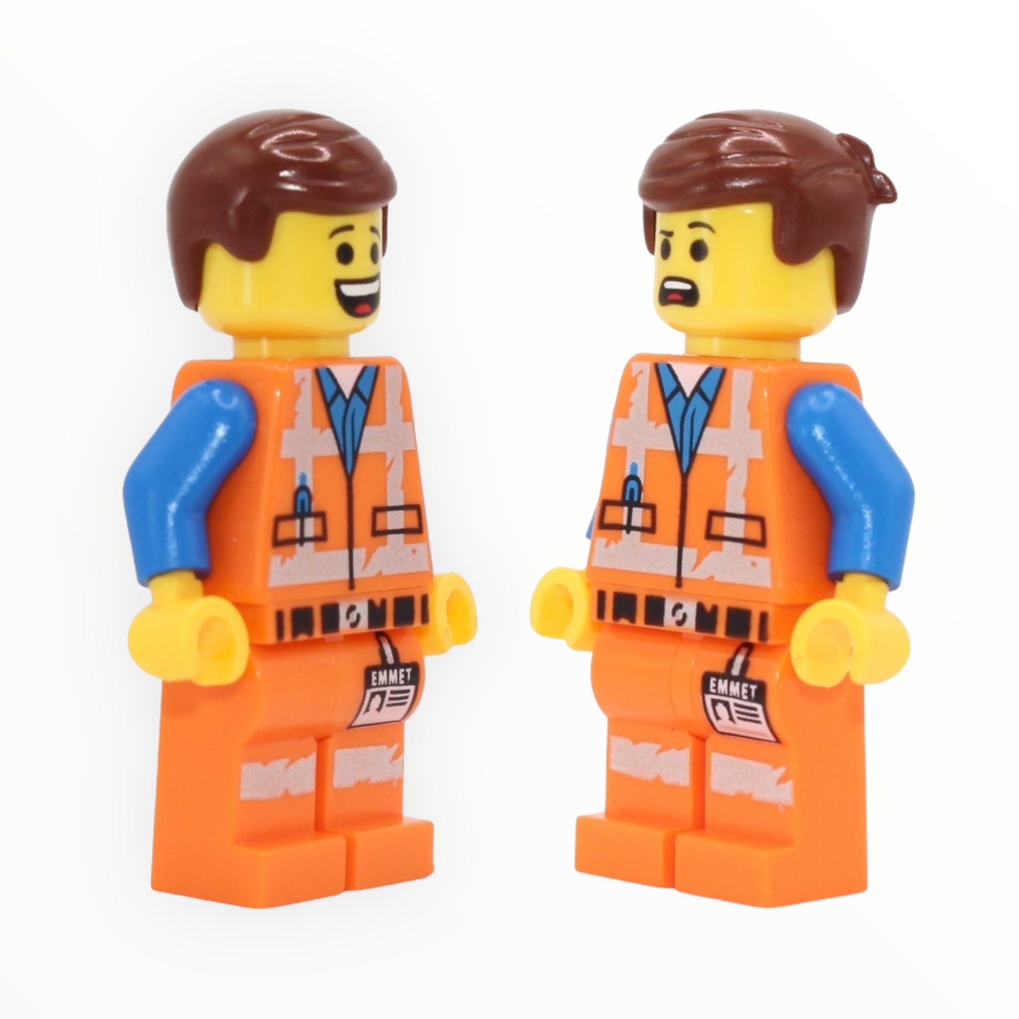 Emmet (lopsided grin / confused, worn uniform)