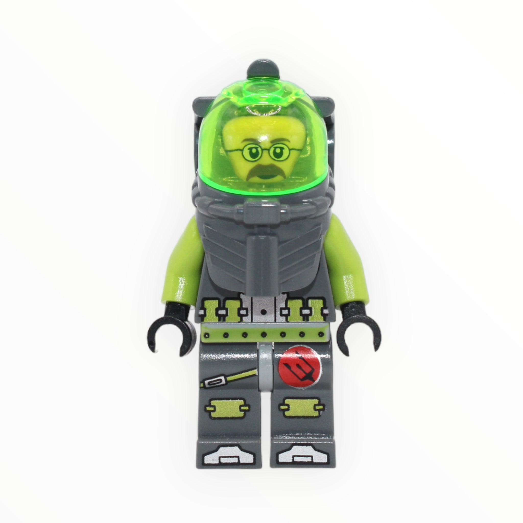 Jeff Fisher (dark bluish gray outfit, lime green arms, dark bluish gray helmet)