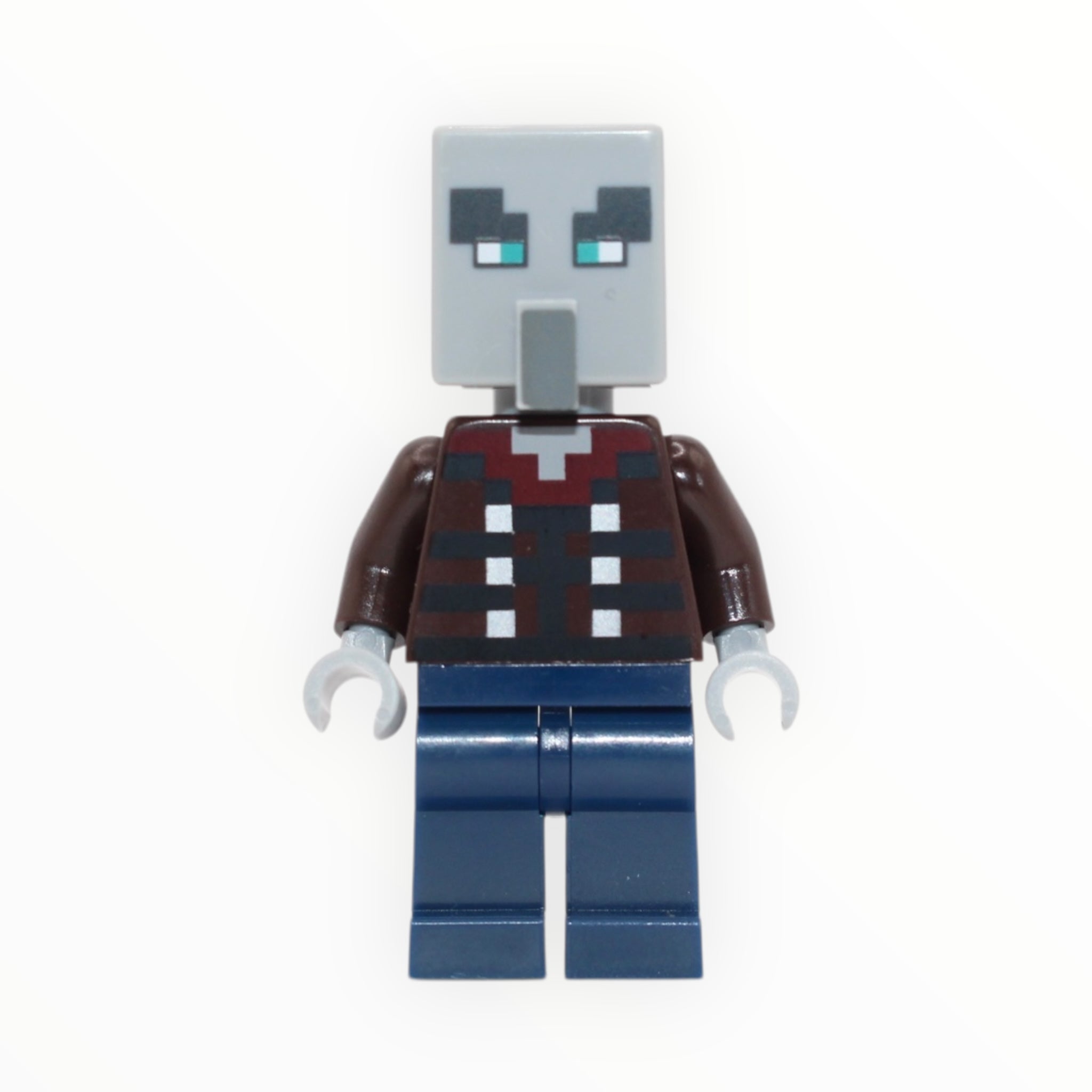 Minecraft Illager (dark brown torso, dark blue legs, narrow eyes)