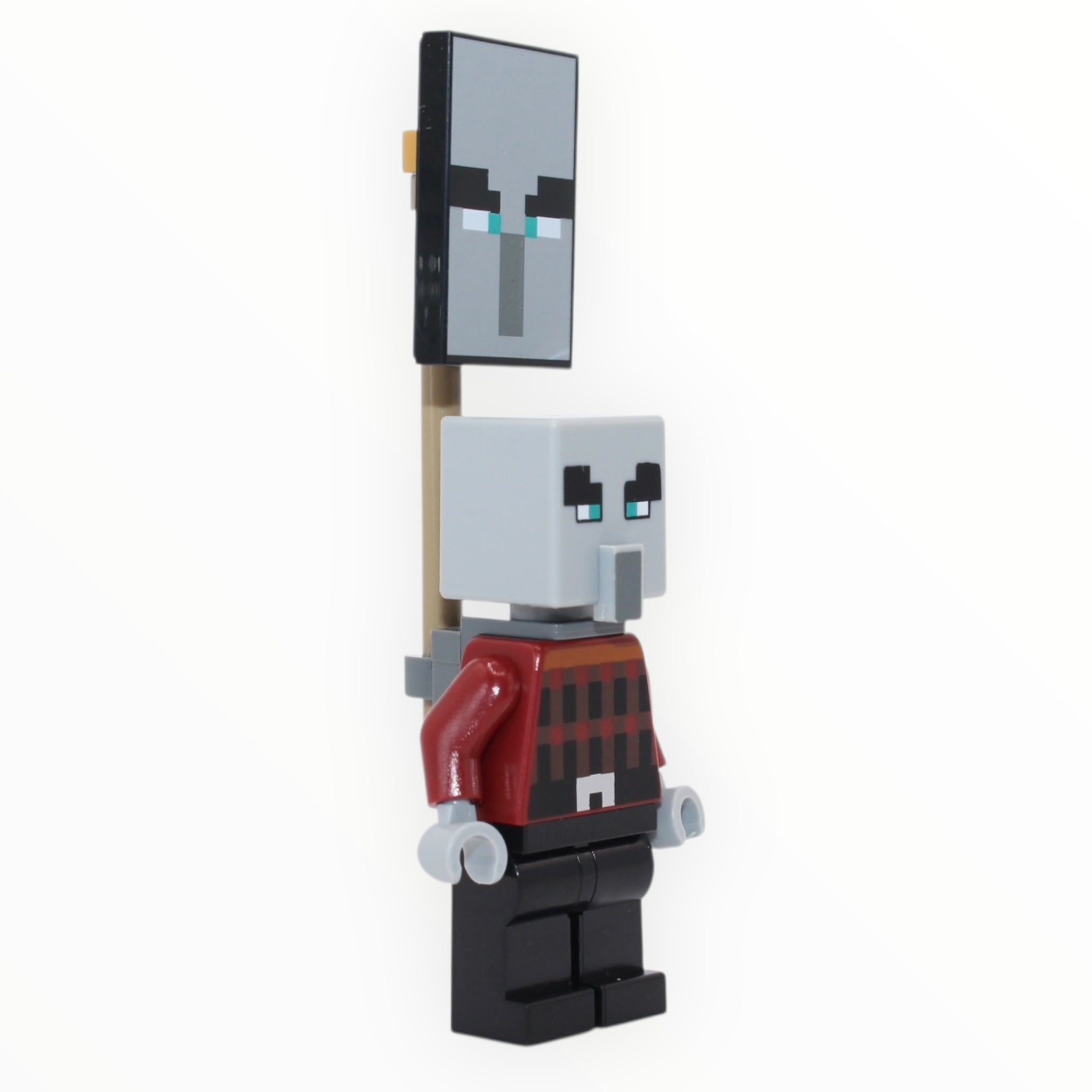 Minecraft Illager with Ominous Banner (dark red torso, narrow eyes)