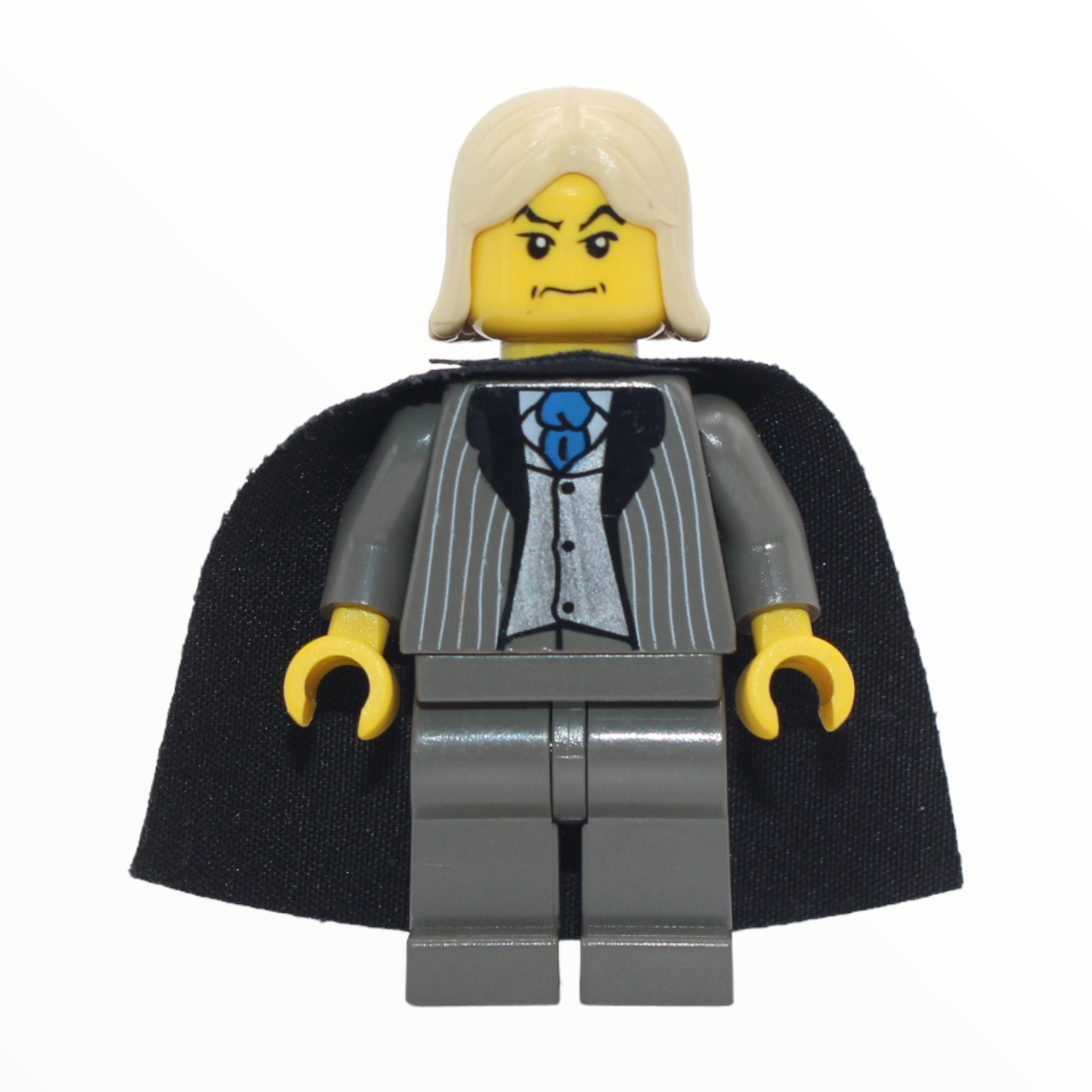 Lucius Malfoy (dark gray suit, black cape, yellow skin)