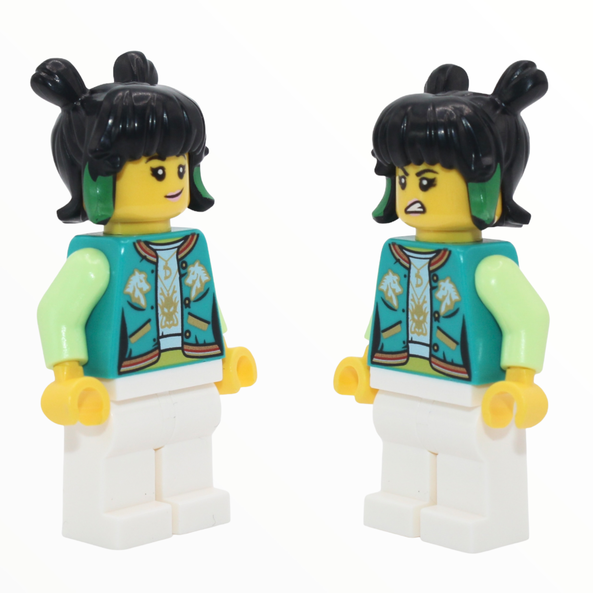 Mei (turquoise jacket, lopsided smile, sneer)