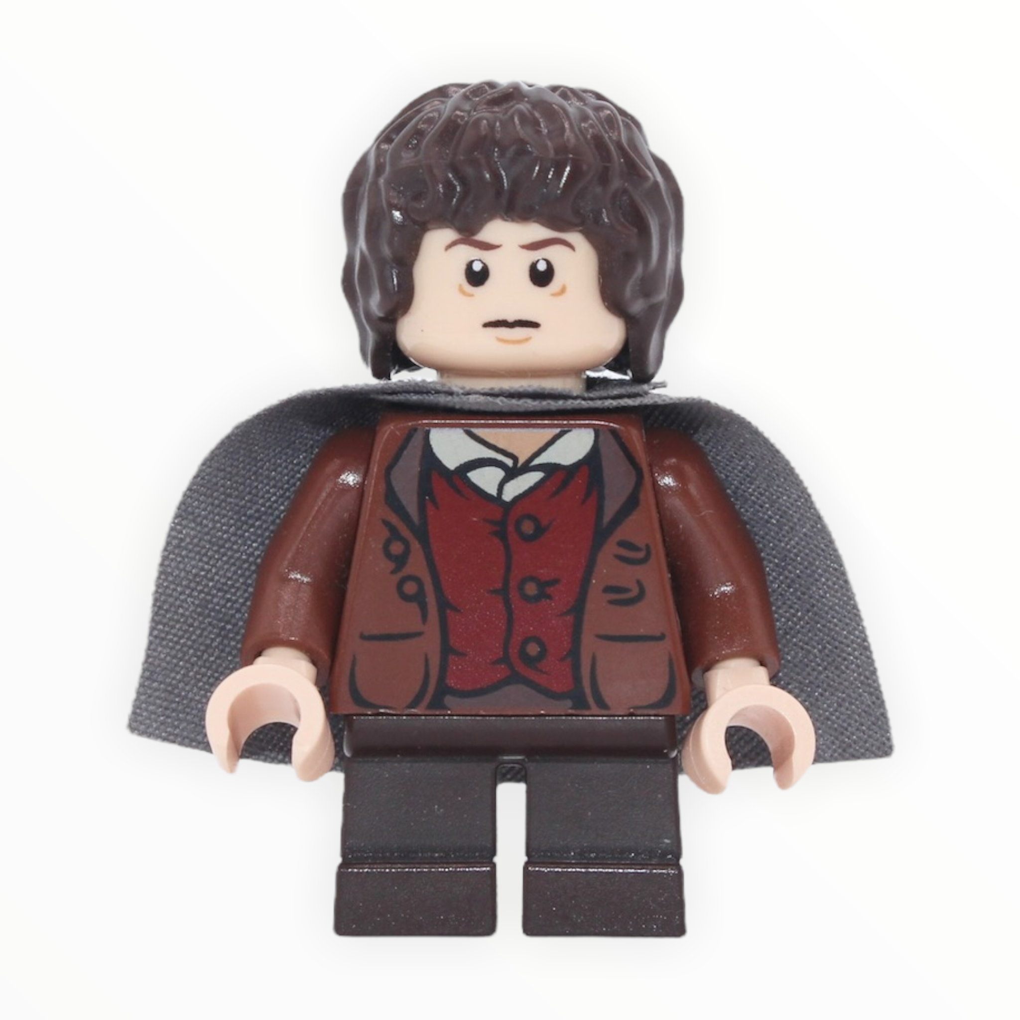 Frodo Baggins (reddish brown jacket, dark brown short legs, dark bluish gray cape, tired / poisoned)