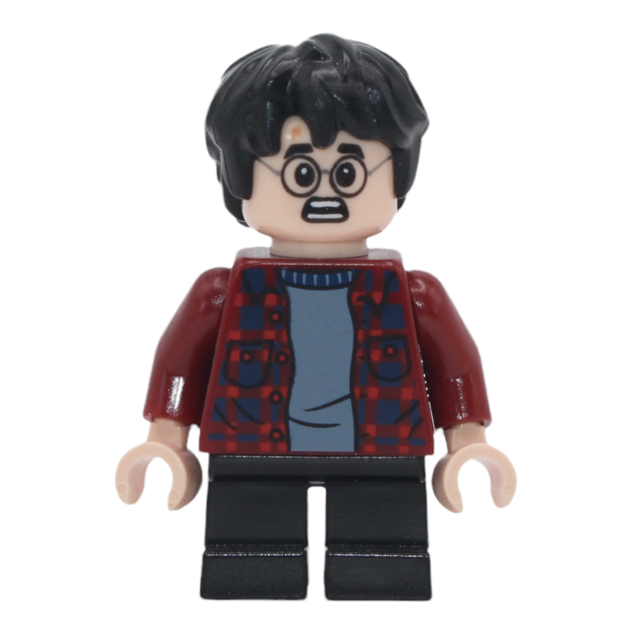 Harry Potter (dark red flannel, short black legs)
