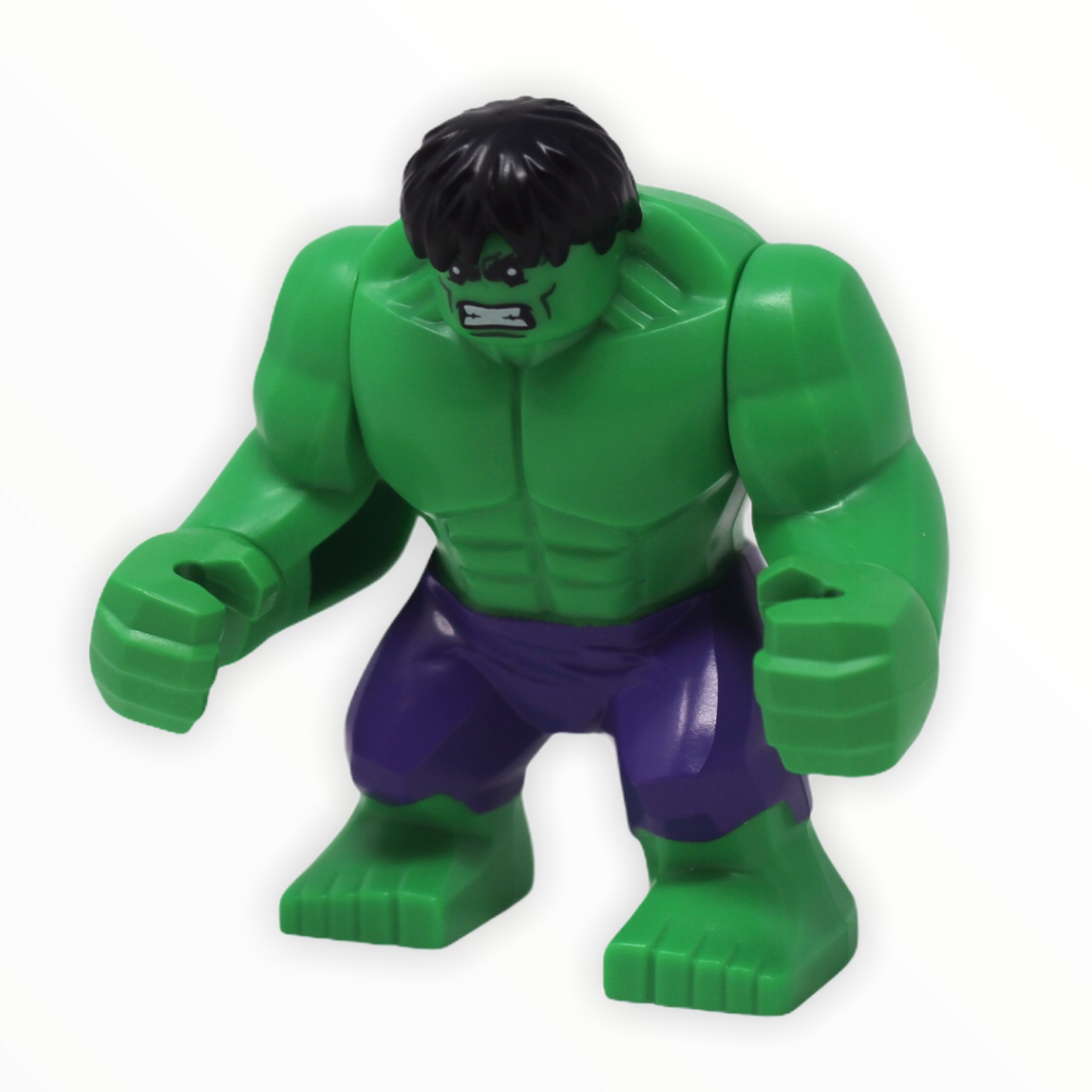 The Hulk (2014, bright green skin, angry, dark purple pants, black hair)