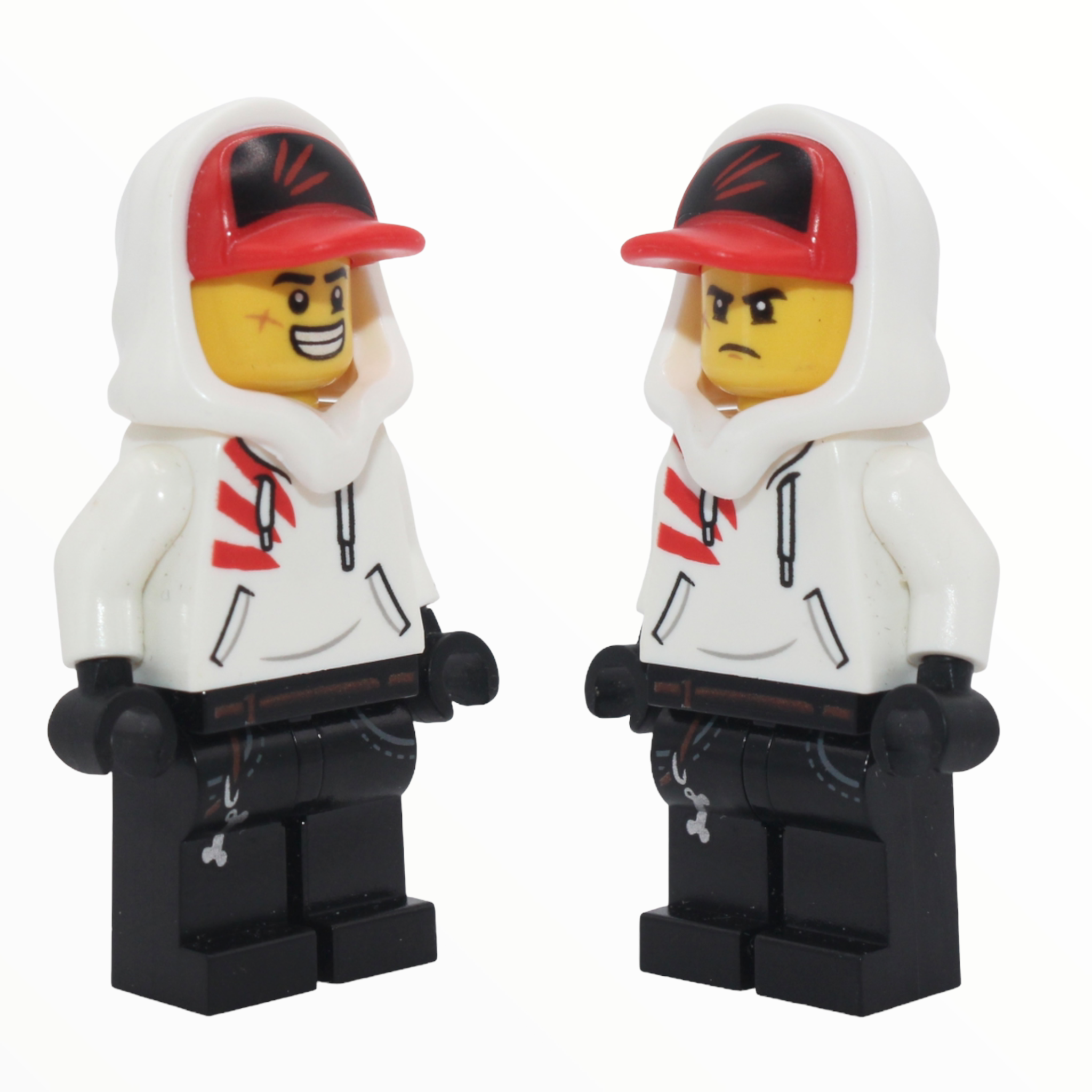 Jack Davids (white hoodie, cap, large smile / angry)