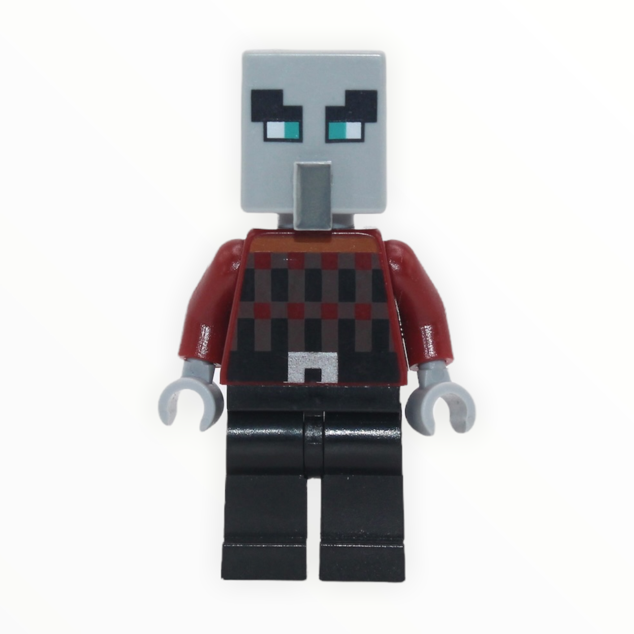 Minecraft Illager (dark red torso, black legs, wide eyes)