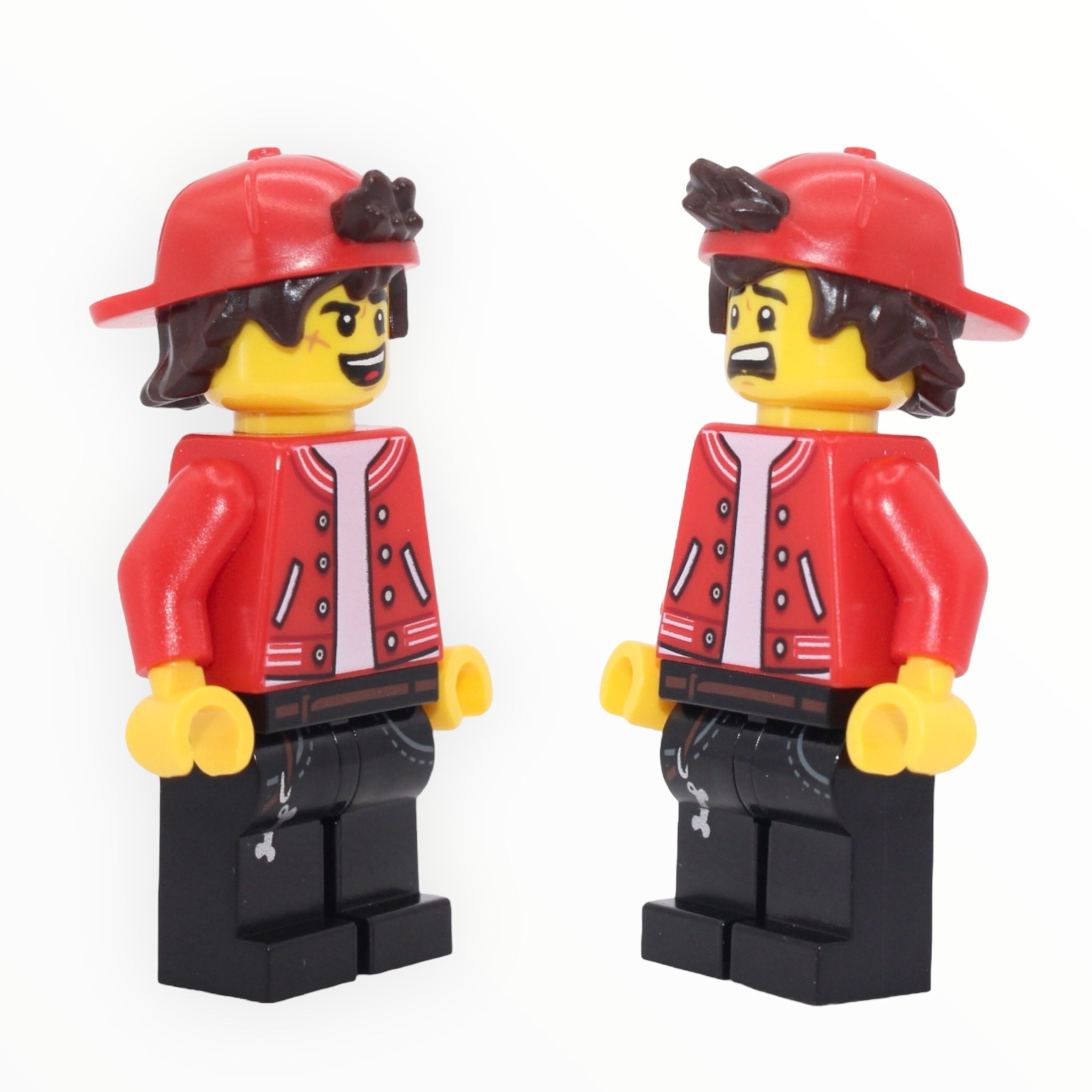 Jack Davids (backwards cap, red jacket, open mouth smile / scared)