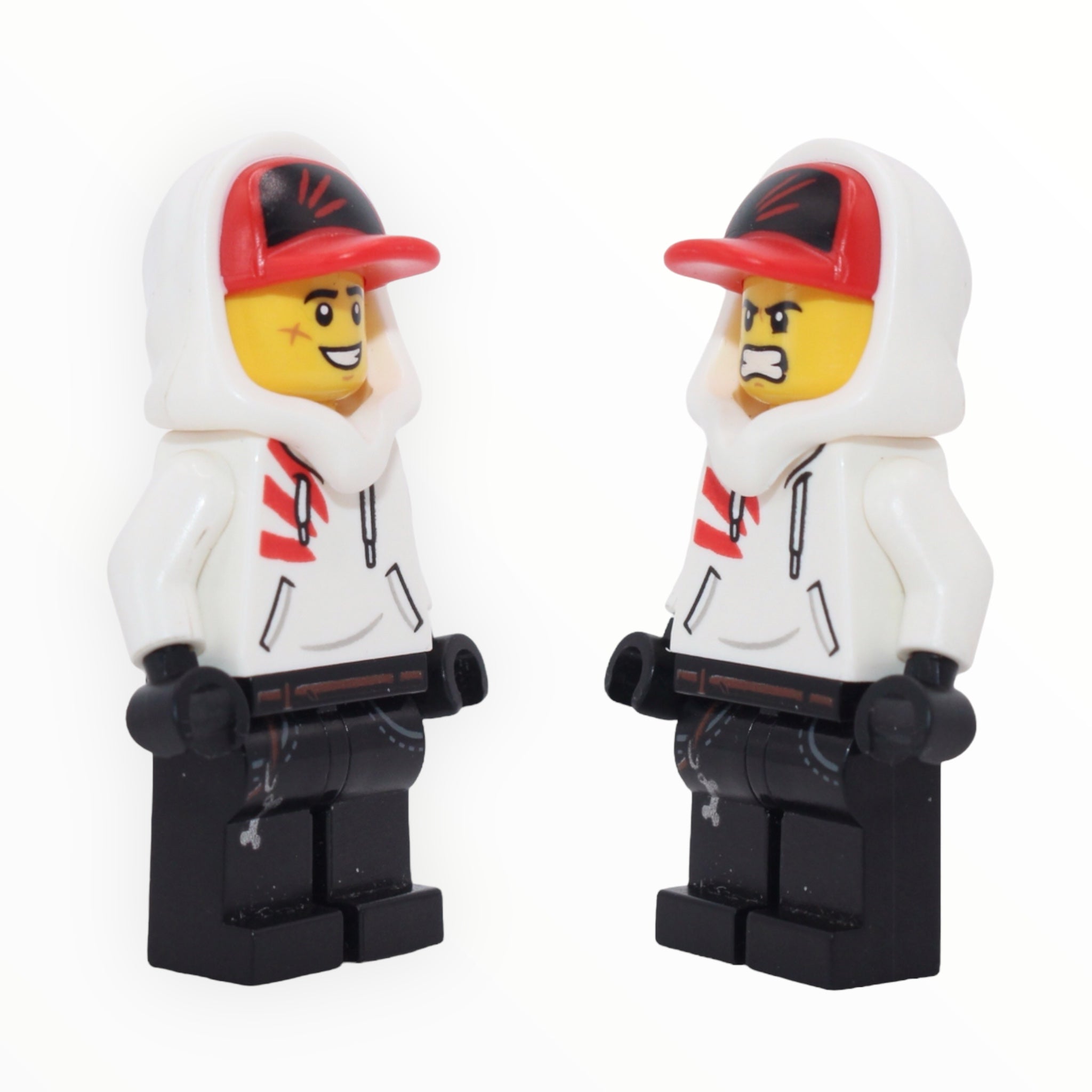 Jack Davids (white hoodie, cap, large smile with teeth / angry)