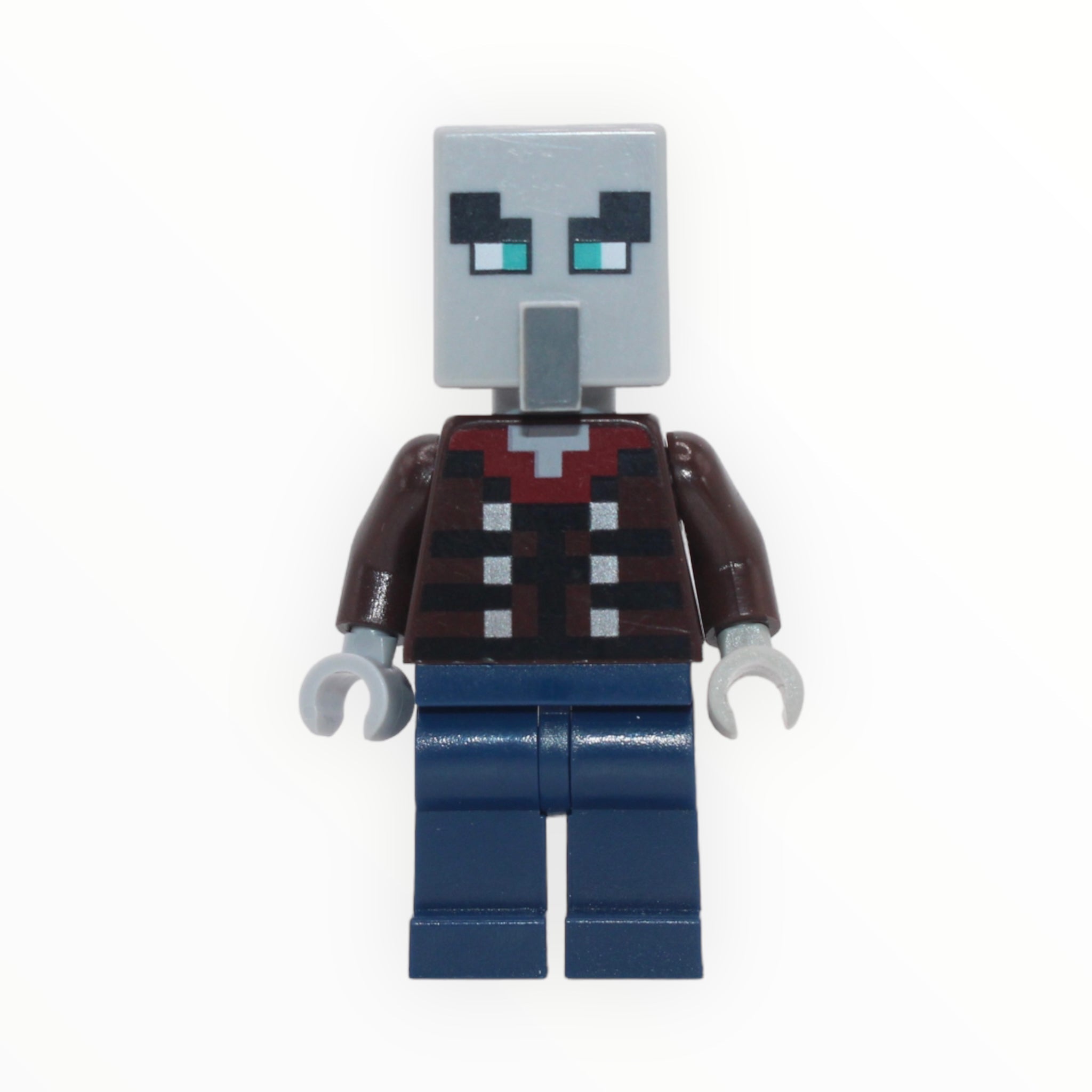 Minecraft Illager (dark brown torso, dark blue legs, wide eyes)