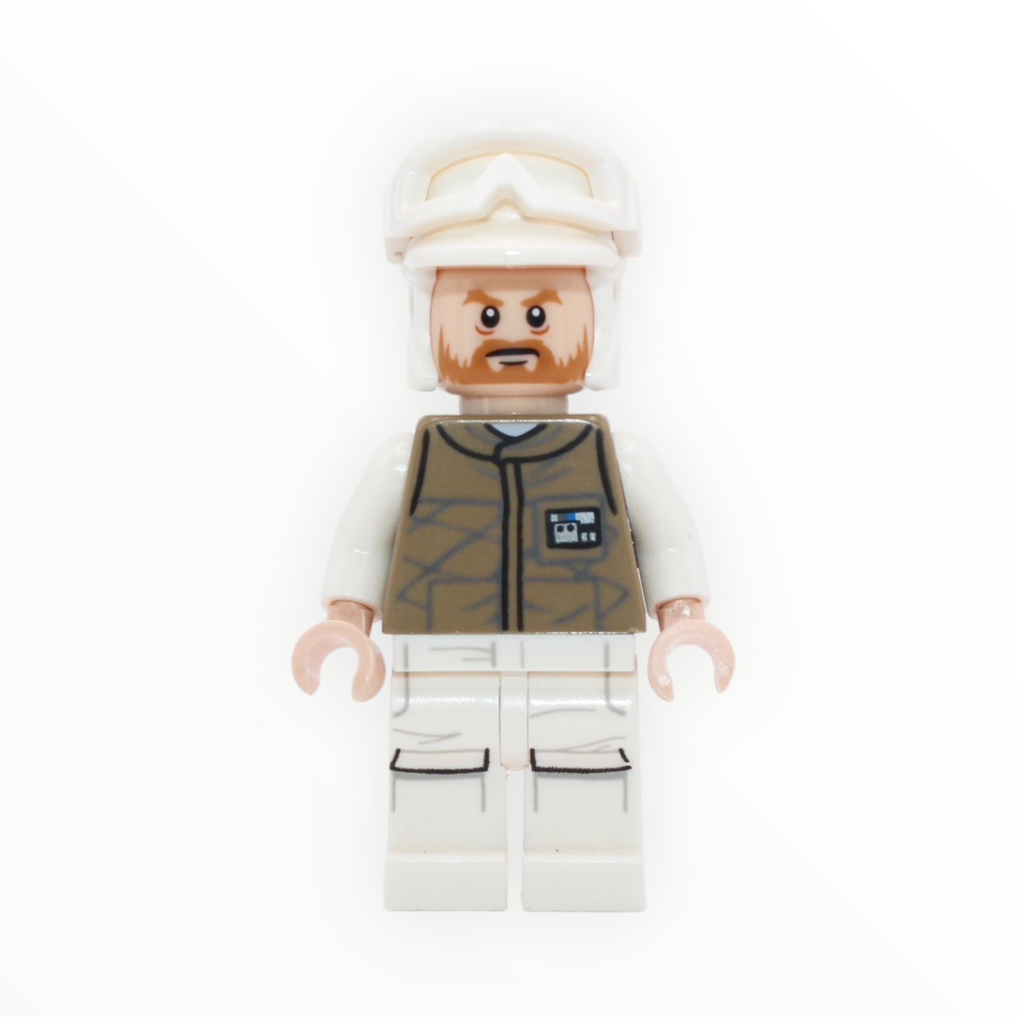 Hoth Rebel Trooper (dark tan uniform, white hat, brown beard, printed white legs, 2016)