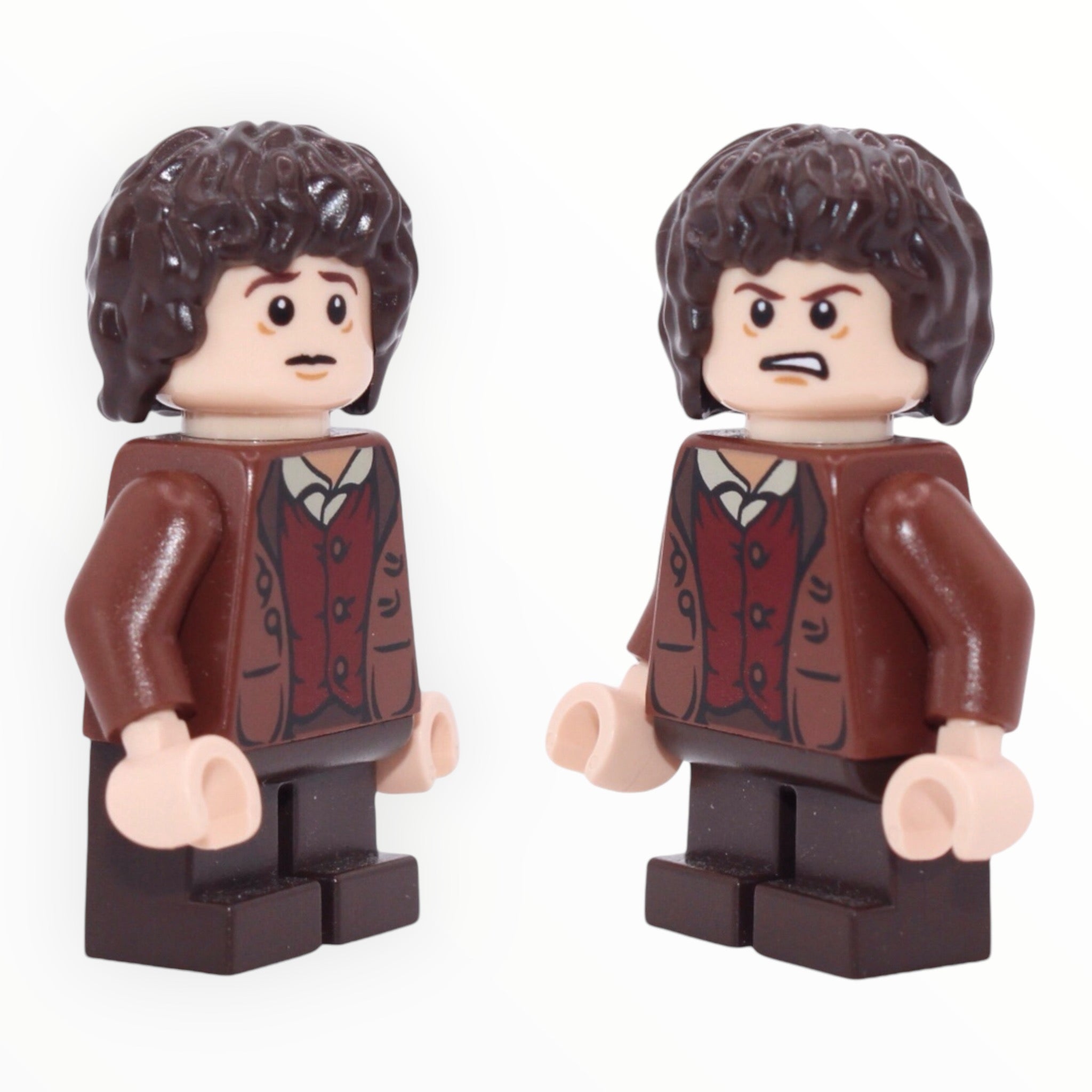 Frodo Baggins (reddish brown jacket, dark brown short legs, worried / angry)