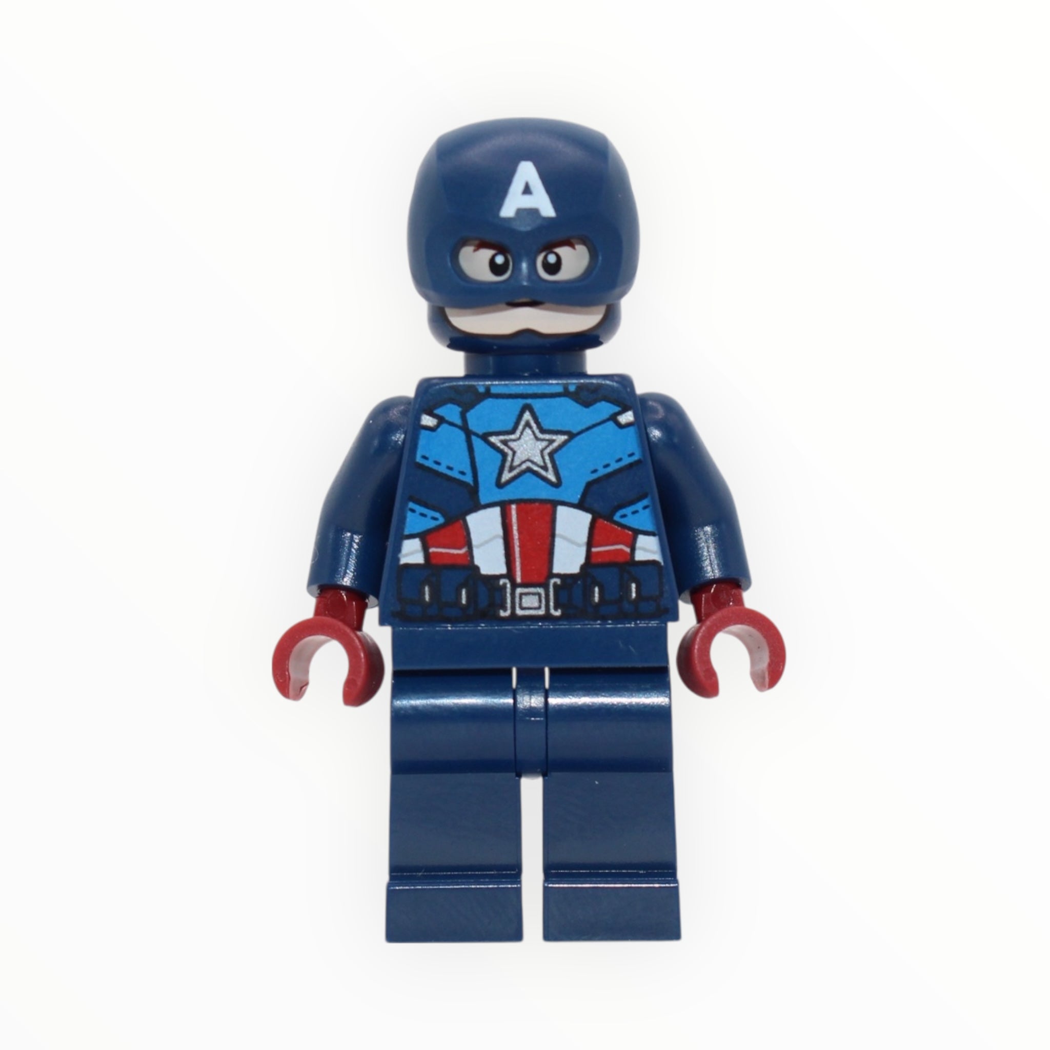 Captain America (dark blue suit, helmet, dark red hands, smile / angry balaclava, 2023)