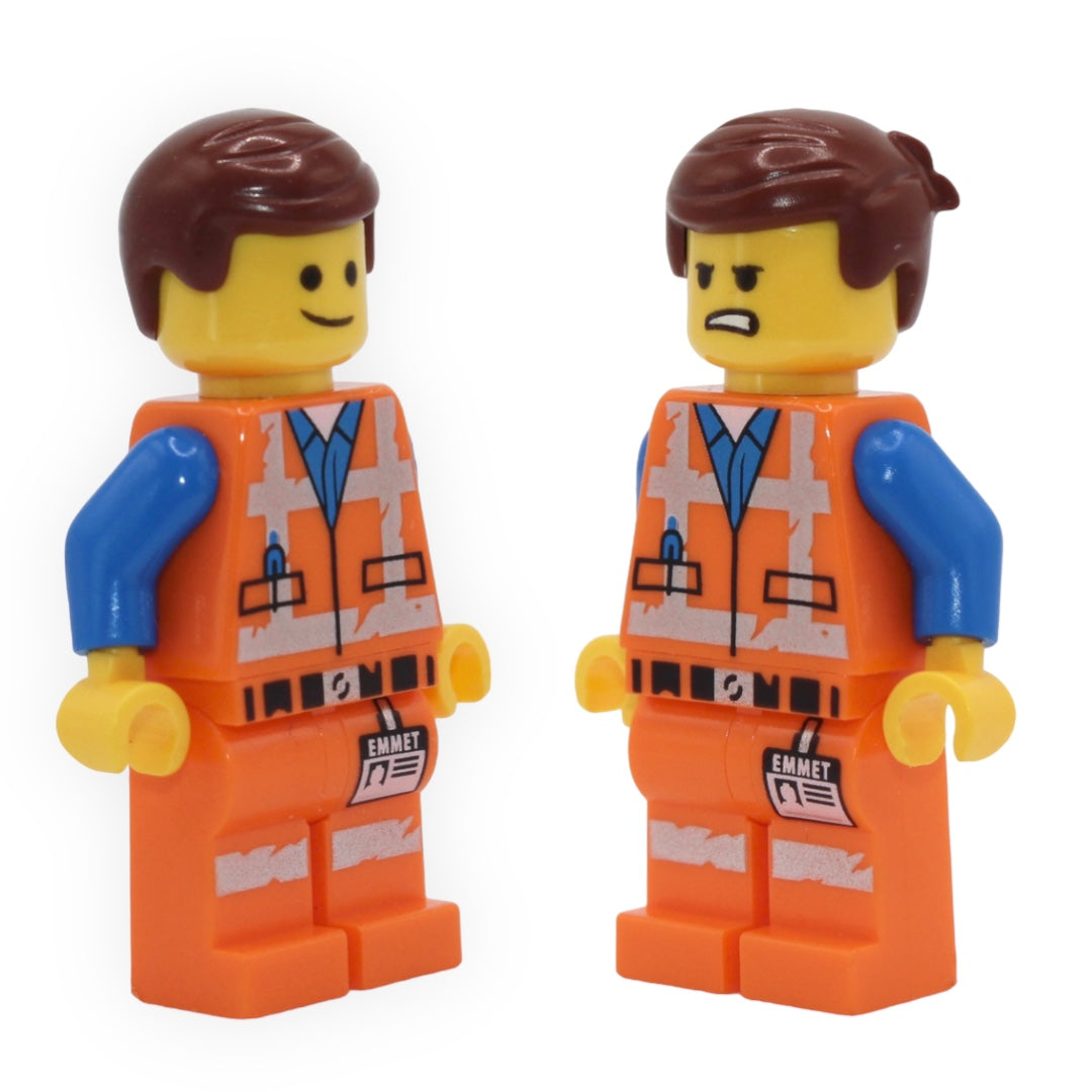 Emmet (lopsided smile / clenched teeth angry, worn uniform)