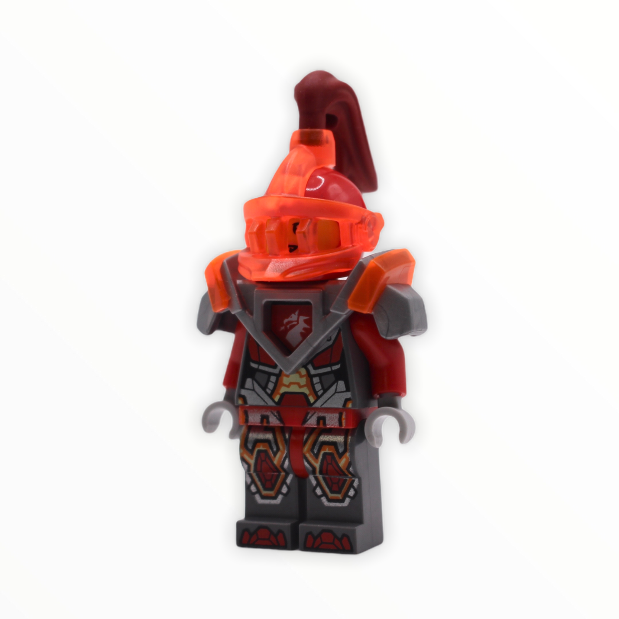 Macy (trans-neon orange visor, red plume)