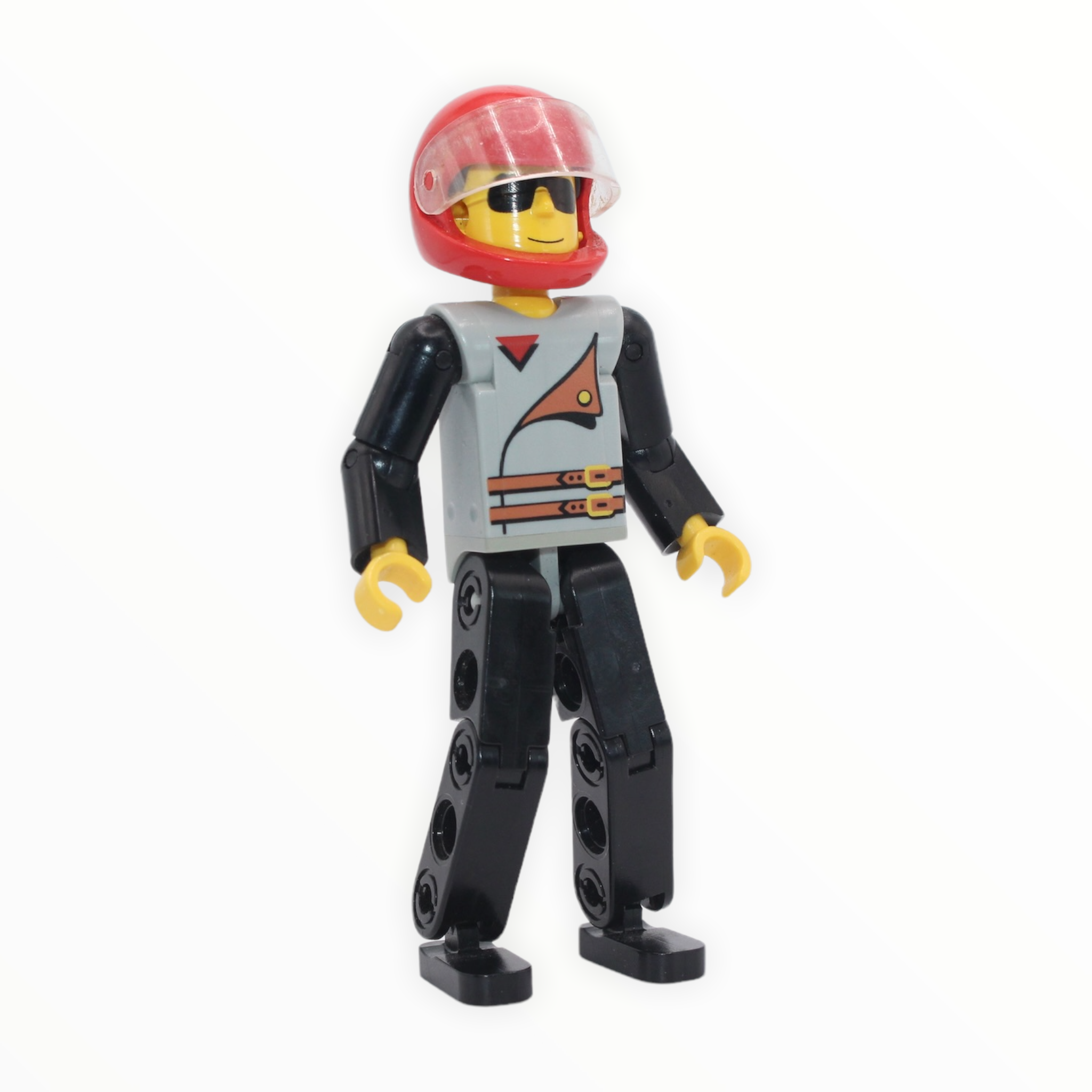 Technic Figure with black legs, light gray top with two belts (red helmet)