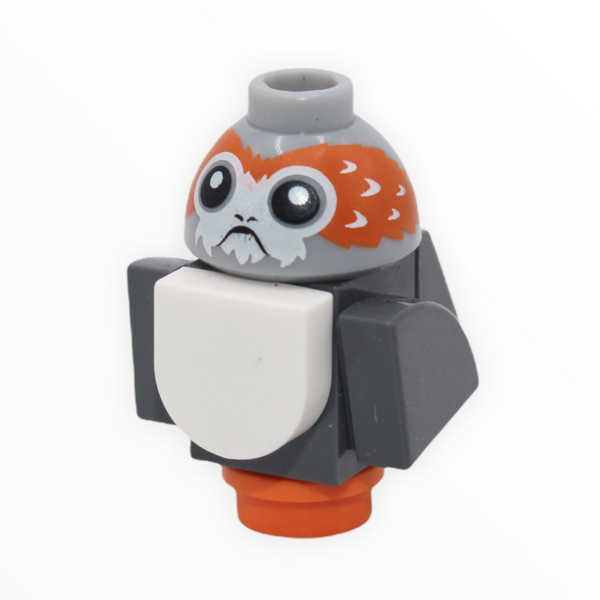 Porg (dark bluish gray wings and tail, v-shaped between eyes, white chest)