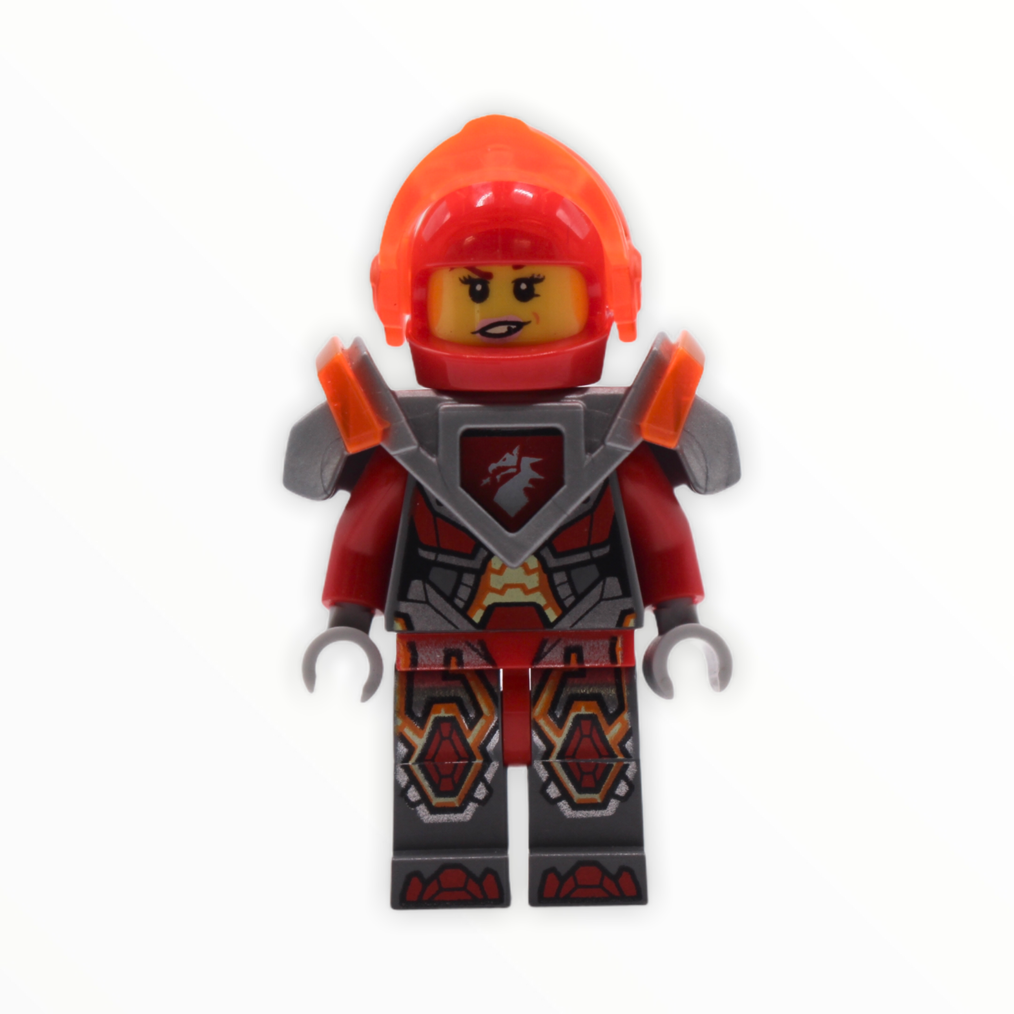 Macy (trans-neon orange visor, red plume)