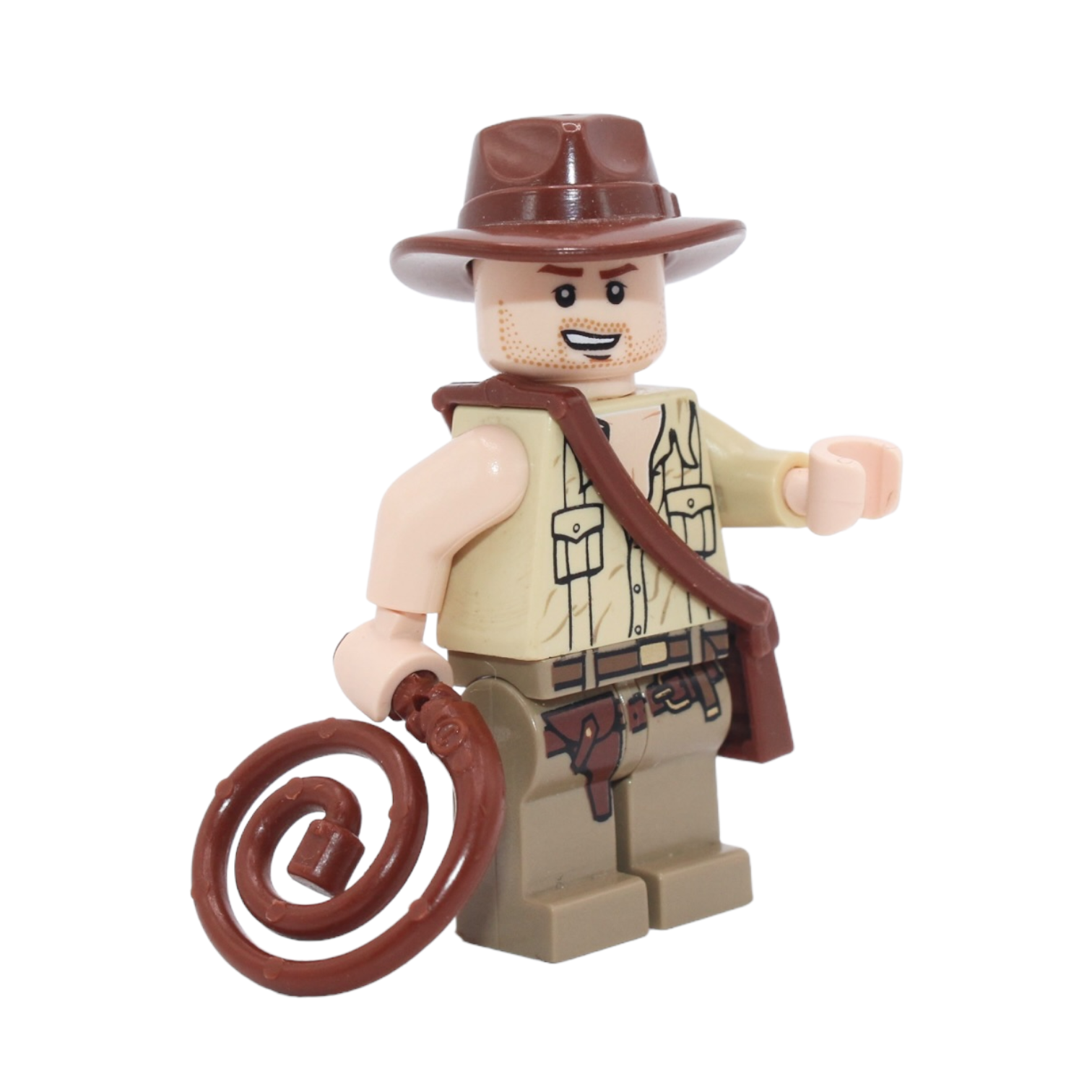 Indiana Jones (open mouth grin, tan shirt, one tan and one light nougat arm, with whip and satchel)