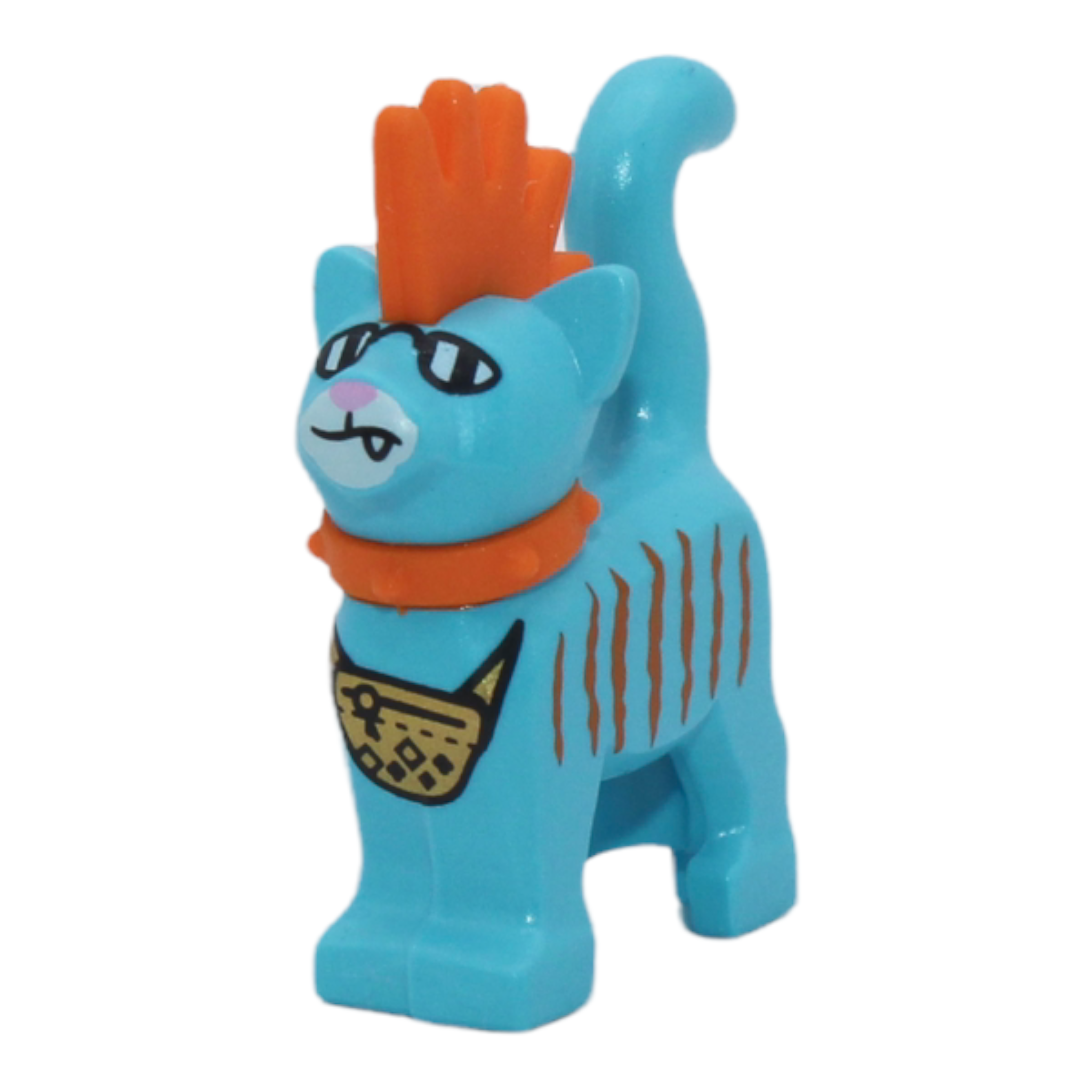 Mo (medium azure cat, orange mohawk, sunglasses, gold pouch)