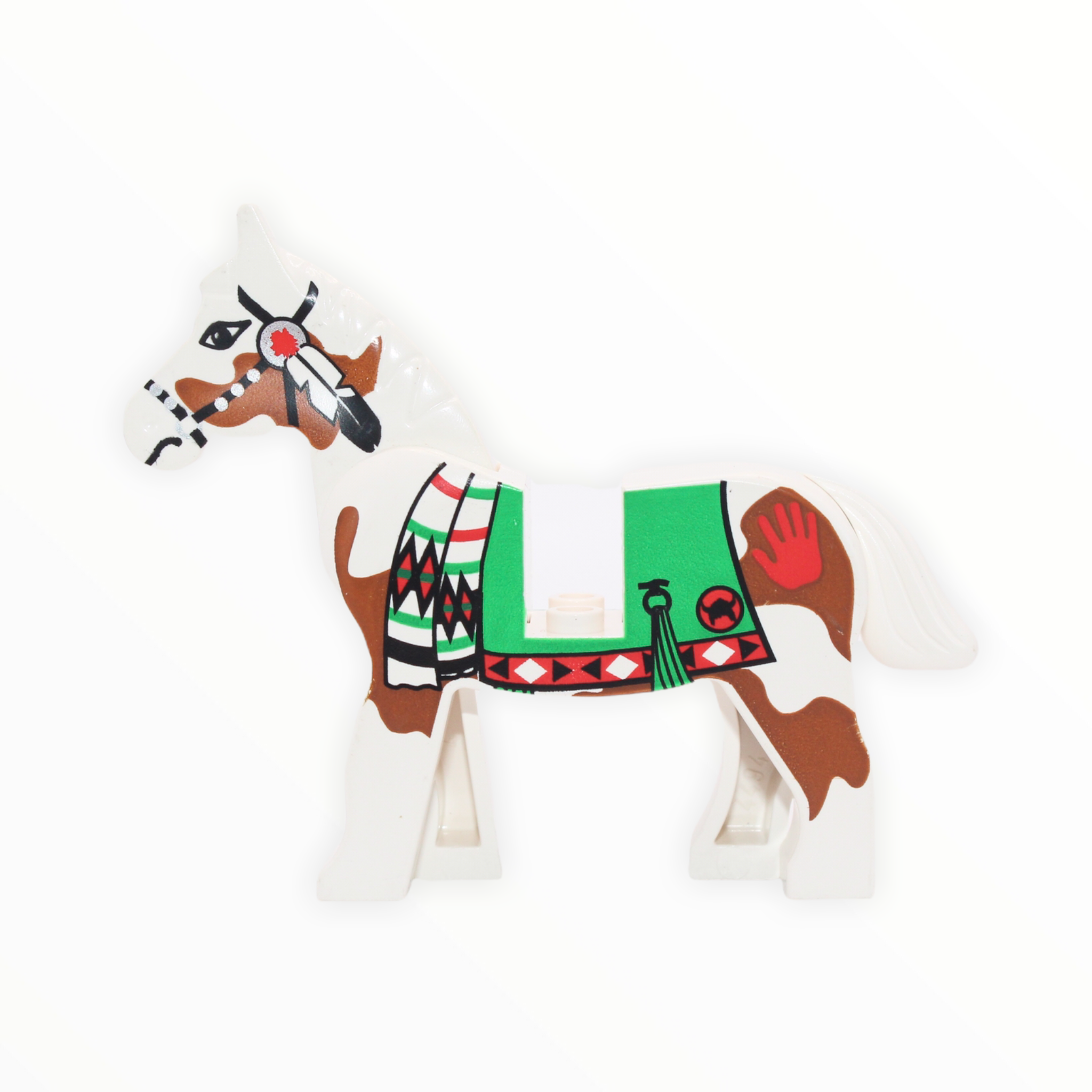 White Horse (brown spots, green blanket, red handprint on left side)
