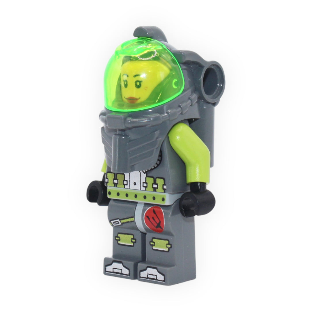 Samantha Rhodes (dark bluish gray outfit and helmet, lime green arms)