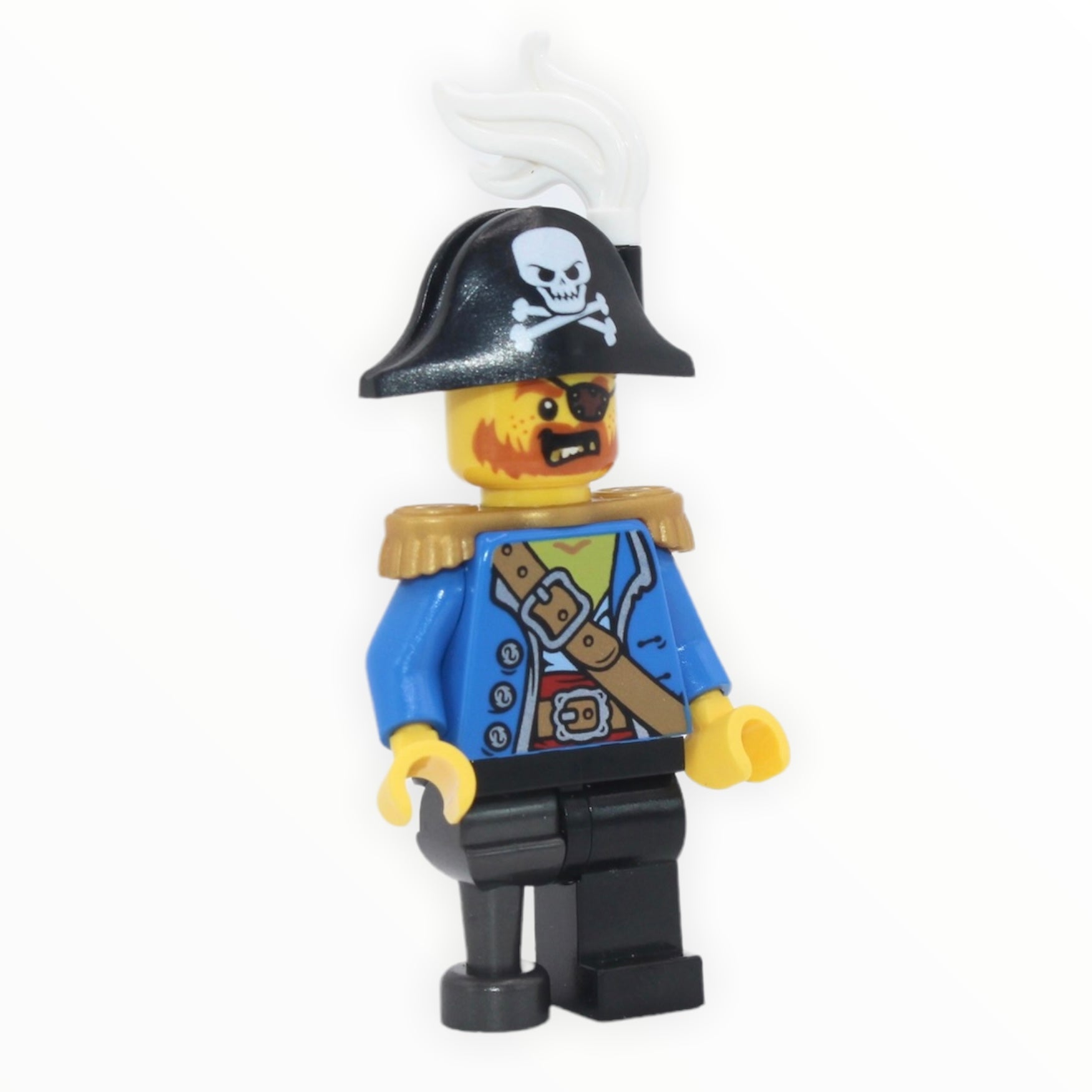 Pirate Captain (bicorne with skull, white plume, gold epaulettes, pearl dark gray peg leg)