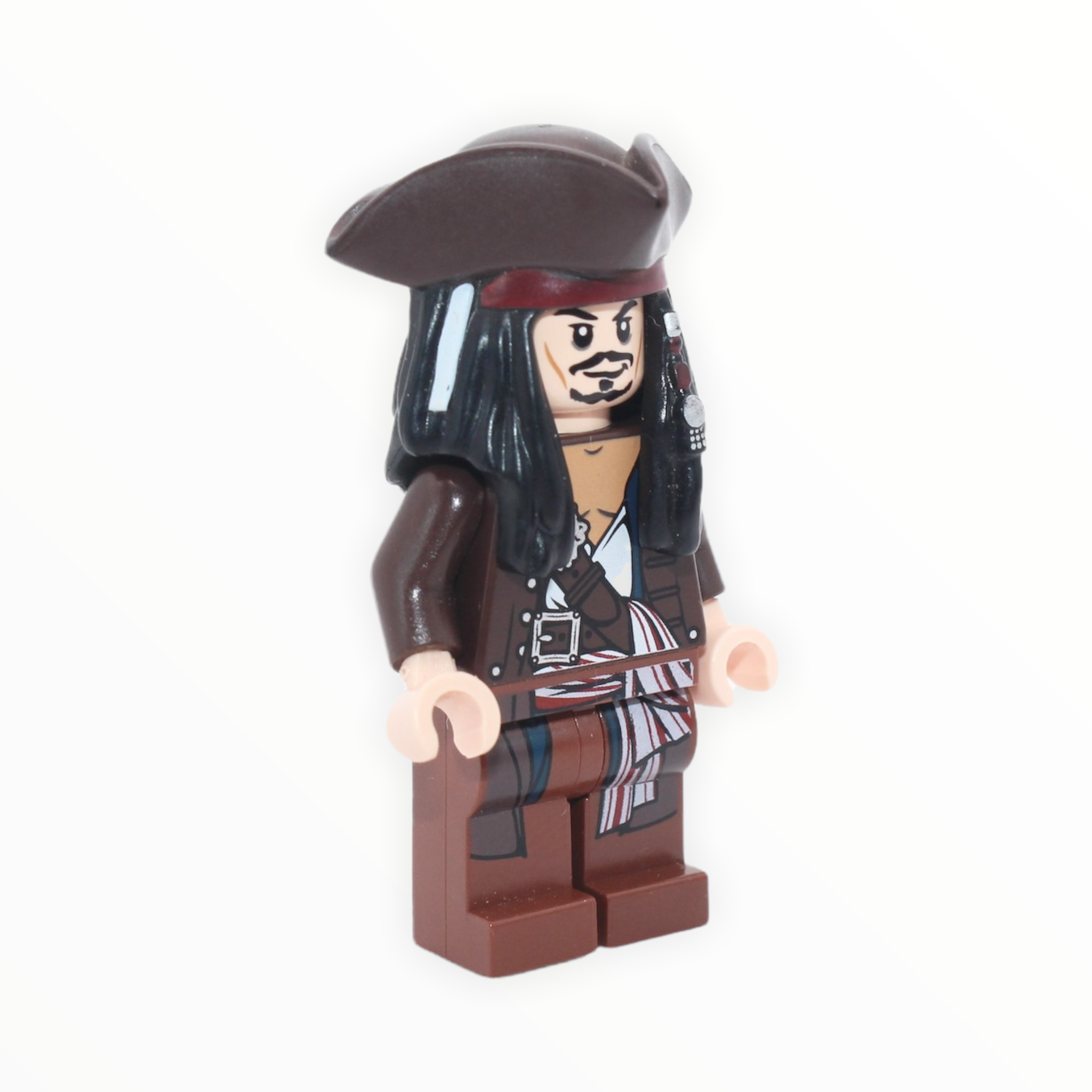 Captain Jack Sparrow (tricorne hat, dark brown coat, smile / scared)
