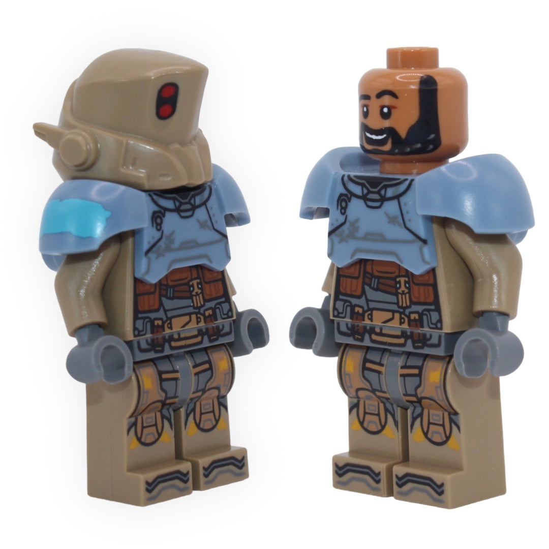 Mo Morrison (dark tan outfit, sand blue armor, helmet)