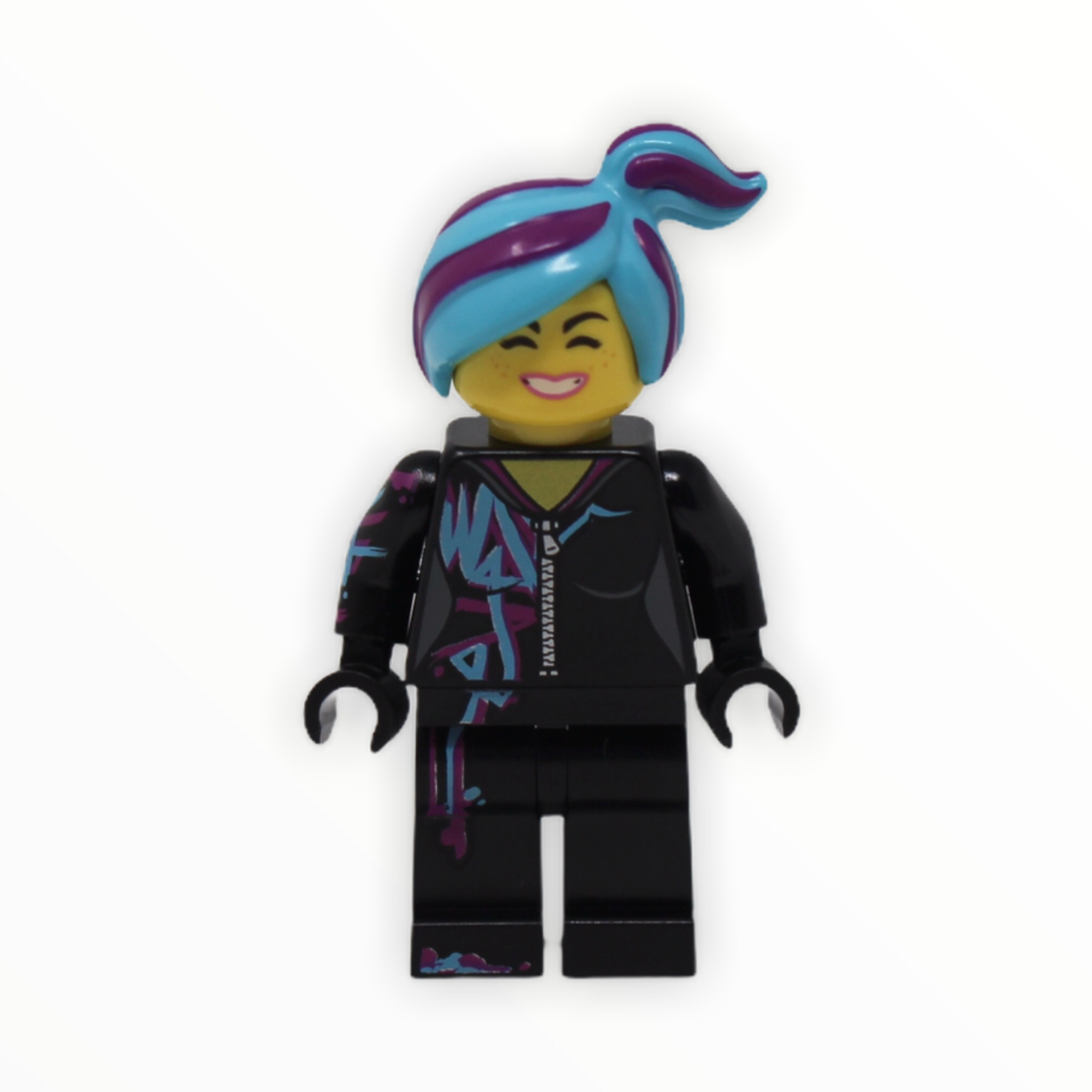 Lucy Wyldstyle (magenta lined hoodie, azure hair, smile / cheerful)